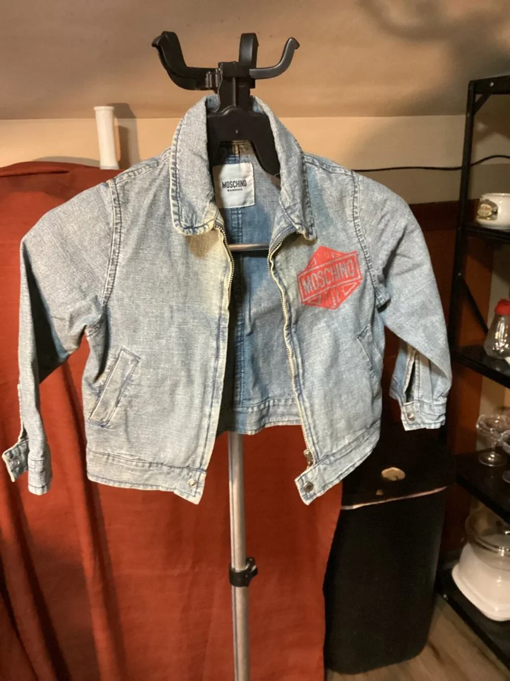 Vintage Moschino Bambino Kids Denim Jacket 18 Months Light Wash Red Logo